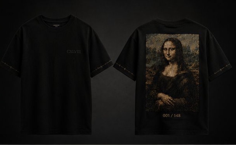CXLVIII black T-shirt shown from front and back, featuring a Mona Lisa artwork and edition number 001 / 148.